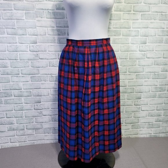 Vintage 80s Pendleton 16 Pleated Red Blue Plaid Pleated High Waisted Midi‎ Skirt - Picture 1 of 8